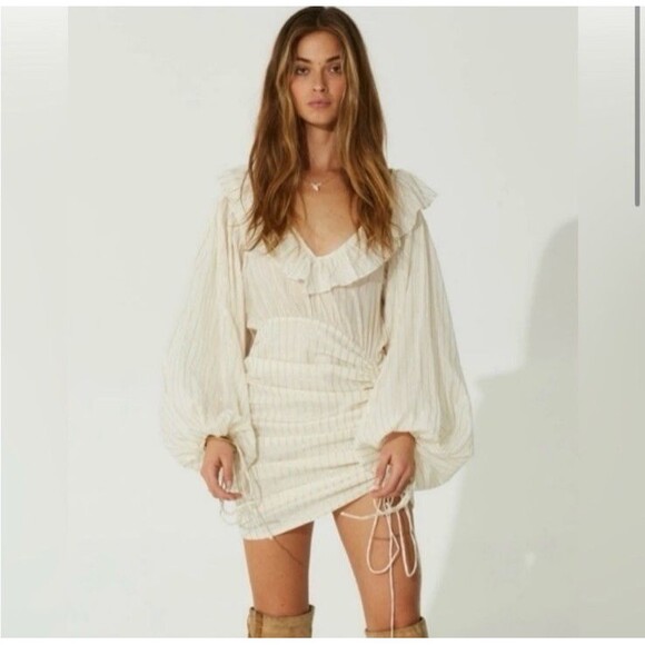 Jens Pirate Booty Vambelle Mini Dress Cream Gold Stripe S Boho Beach Ballon - Picture 4 of 16
